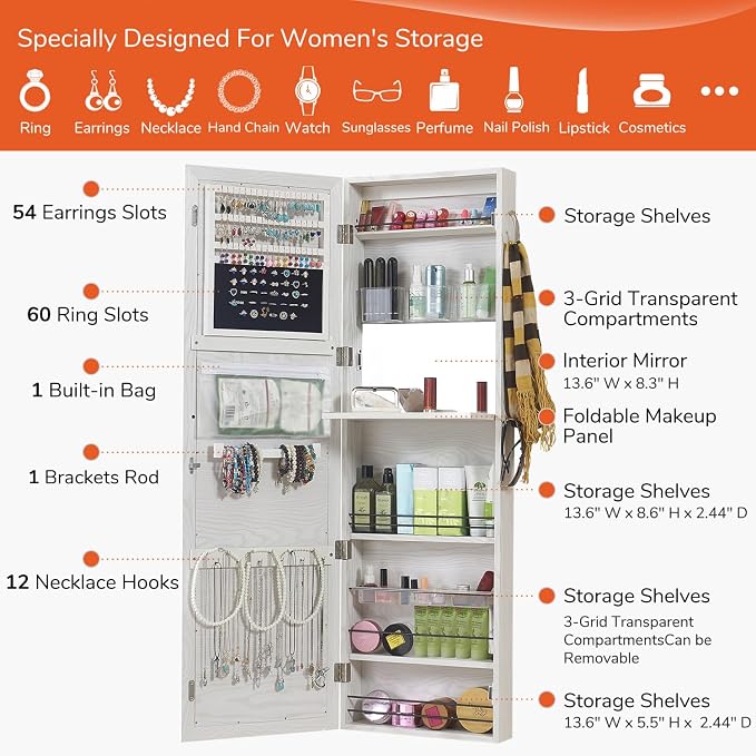 GISSAR Jewelry Mirror Armoire Wall Mount Over The Door Mirror Jewelry Cabinet Storage Mirror Organizer Lockable Full Length Door Mirror(White Oak) - Image 4