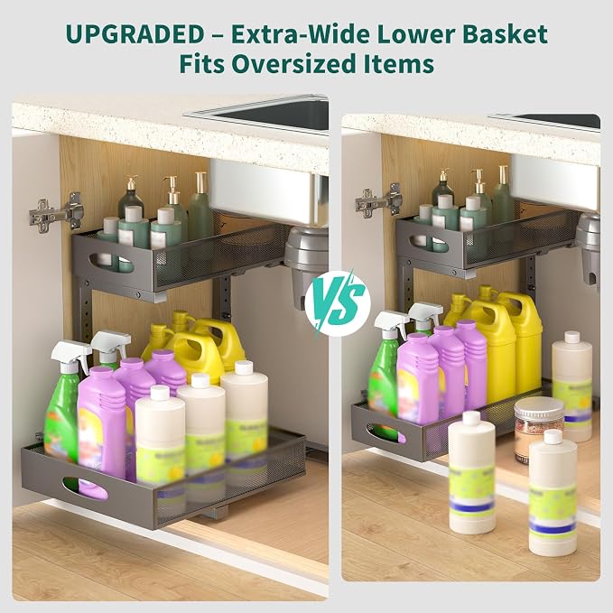 Under Sink Organizer, Extra-Wide Upgrade, 2-Pack of 2-Tier Metal Slide Out Cabinet Organizer, Height Adjustable Organization and Storage Series, Bathroom/Cabinet/Kitchen organization, Black - Image 4