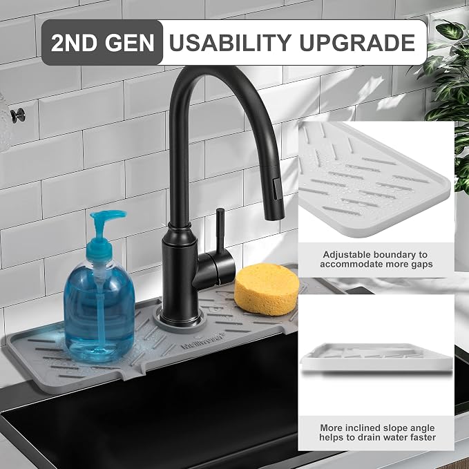 Silicone Faucet Mat for Kitchen Sink – Gen 2 Splash Guard with Upgraded Outlet & Slope – 18” x 5.1” Water Catcher & Sink Sponge Holder for Kitchen and Bathroom (Gray) - Image 3