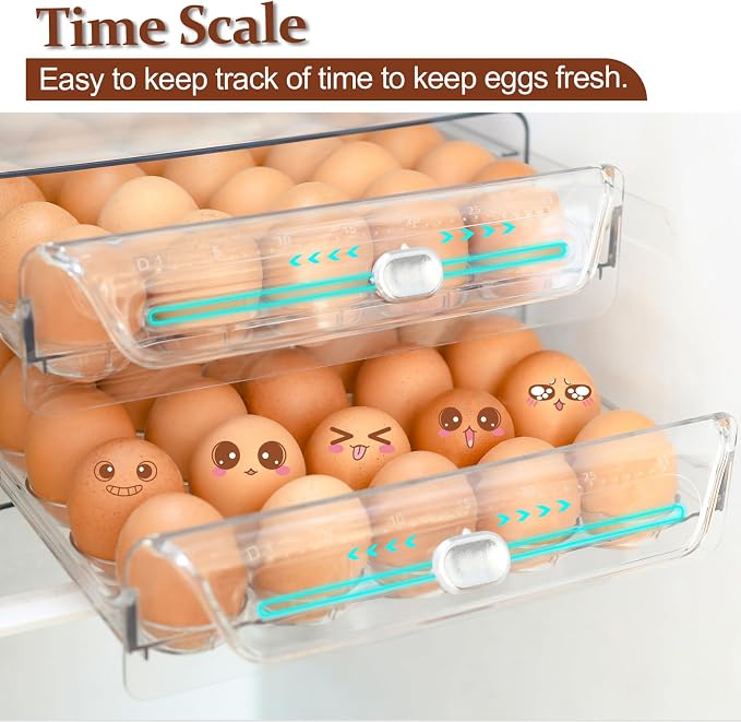 Egg Holder for Refrigerator,60 Eggs Clear Drawer Organizer | 2 Layer Stackable Egg Holder Egg Trays,Egg Storage Container with Time Scale for Fridge Countertop Cabinet - Image 4