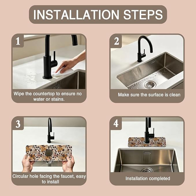 Kitchen Faucet Mat Brown Tropical Palm Leaf Sink Splash Guard Behind Faucet Draining Mat Kitchen Accessories Non-slip Easy to Clean for Bathroom & Kitchen 15"X5.5" - Image 4