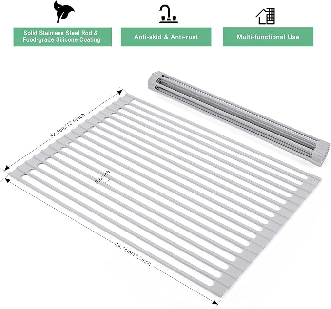 Roll Up Dish Drying Rack Over Sink, 17.5" x 13" Silicone Coated Stainless Steel Sink Drying Rack, Foldable Dish Drainer Rack for Kitchen Counter, Heat Resistant, Non-Slip, Space Saving, Gray - Image 5