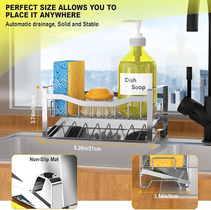 Stainless Steel Kitchen Sink Caddy Organizer with Auto Drain Tray, Sponge Holder for Countertop Storage Silver - Image 5