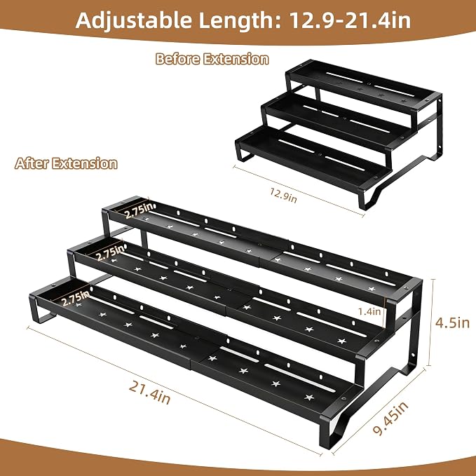 Expandable Spice Rack Organizer for Cabinet 3 Tier Spicy Shelf Black 1Pack | Adjustable Length 13"-21", Easy to See Labels, Sturdy Metal, Slip-Resistant Guardrails for Jars, Cabinet & Countertop Storage - Image 5