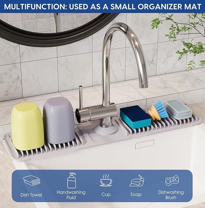 24-Inch Silicone Faucet Mat for Kitchen Sink Splash Guard, 7° Slope | 24"x5.5" water draining mat with fasten button; 1.6-2.75" customizable hole for bathroom, RV & kitchen sink drip catcher. - Image 7
