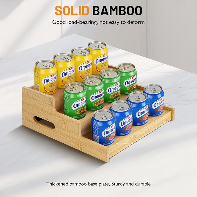 3-Tier Expandable Bamboo Can Organizer Storage Holder for Kitchen Pantry | Stackable Can Organizer for Pantry, Adjustable Soda & Food Can Organizers, Can Up To 24 Cans - Image 3