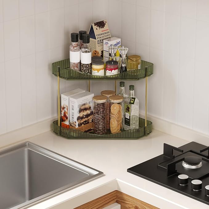 Lifewit 2 Tier Corner Bathroom Counter Organizers and Storage, Green | Plastic Makeup Skincare Organizers Countertop, Large Sink Cosmetic Perfume Shelf for Bedroom, Dresser, Kitchen, Vanity - Image 6
