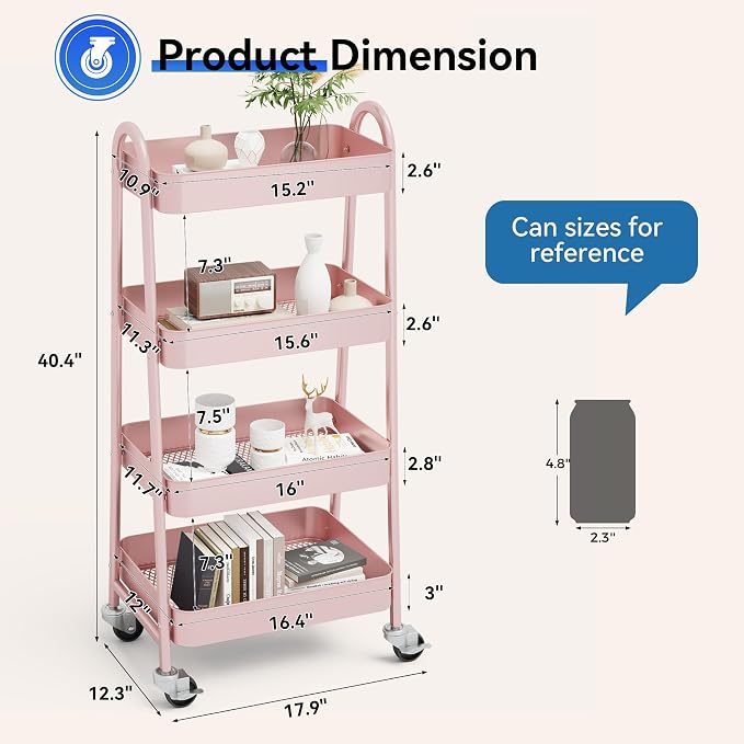 NEWBULIG 4-Tier Metal Rolling Storage Utility Cart with Lockable Wheels | Mobile Organizer Shelf, Space-Saving, Freestanding, Bathroom, Living Room, Slim, Narrow Corner Spaces, Pink - Image 4