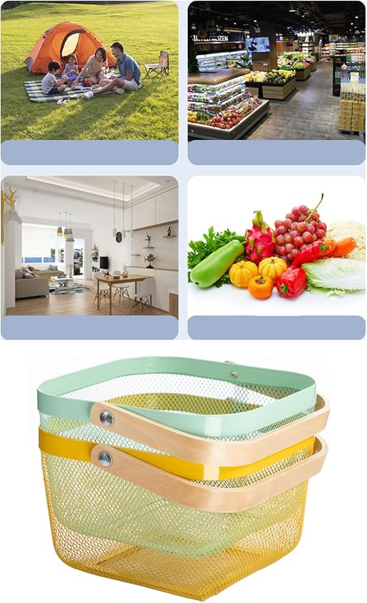 AJIODA Metal Mesh Steel Basket, Storage Organizer Basket Multi-functional Hanging Kitchen Baskets Fruit Basket with Wooden Handle for Kitchen Bathroom Picnic Shopping Decor Cabinet Home, Macaron Blue - Image 5