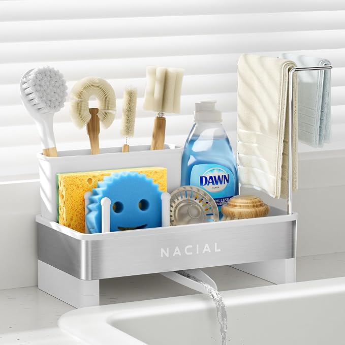 Nacial Kitchen Sink Organizer, Sink Caddy with Sponge & Tall Brush Holder | 304 Stainless Steel Kitchen Countertop Organizer with Double-Bar Towel Holder, Stores Sponge, Brush, Towel & Sink Essentials by NacialPromise-Consumersfirstalways