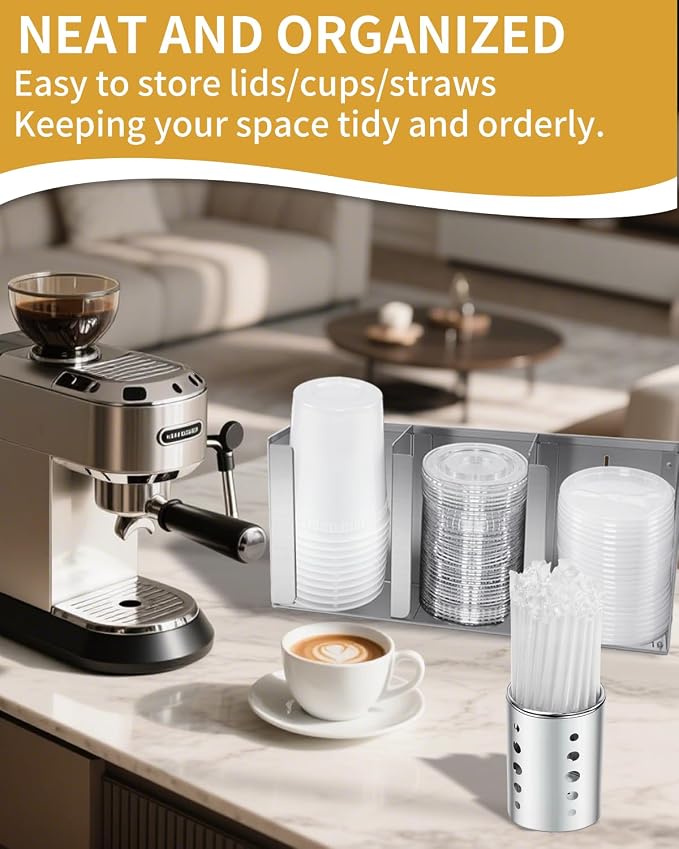 Stainless Steel Cup Dispenser,3 Compartments Cup Holder and Lid Holder with Adjustable Dividers,Cup Organizer for Kitchen Cabinets Cafe Shop Restaurant,Includes Straw Holder - Image 5