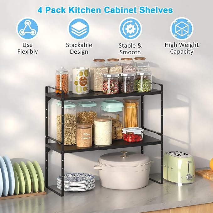 15.5 to 25.5 Inch Kitchen Cabinet Shelf Organizers，Kitchen Shelf Organizer | Adjustable Counter Organizer, Set of 4 Expandable Countertop Storage Shelves, Stackable Design, 30LBS Heavy Duty, Space Saver - Image 3