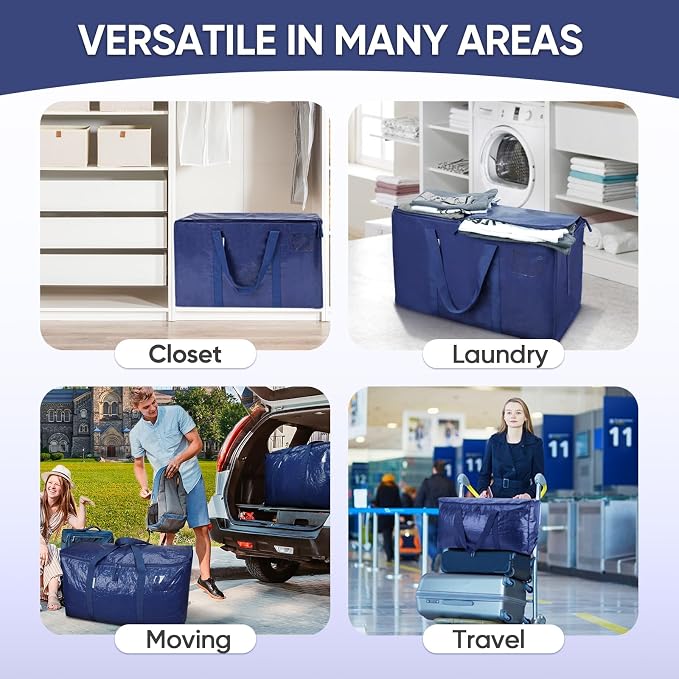 TICONN 2 Pack Extra Large Moving Bags Heavy Duty with Zippers & Carrying Handles, Durable Storage Bags Moving Boxes for Closet Organizers and Storage (2 Pack, Navy) - Image 9
