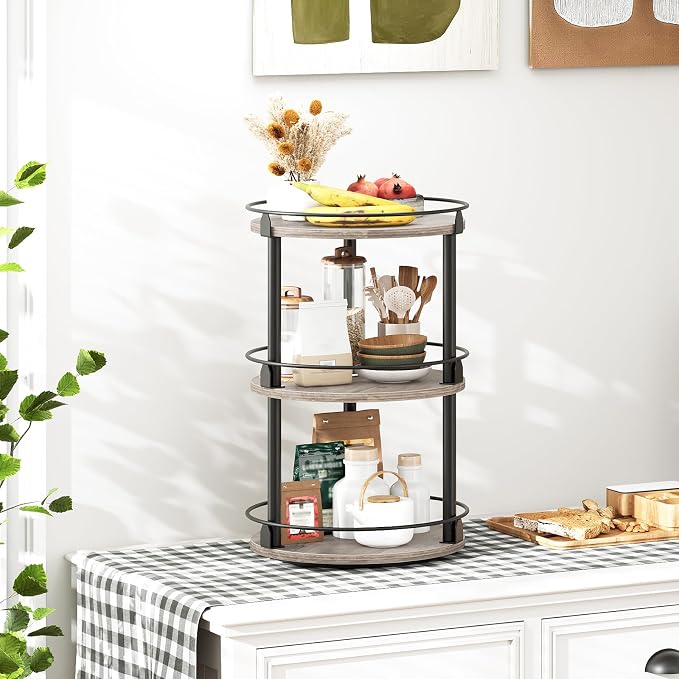 3-Tier Lazy Susan Organizer, Rotating Spice Rack, Spinning Organizer, Industrial Turntable Spice Rack Organizer for Cabinet, Kitchen Countertop, Greige and Black SR23BG - Image 9
