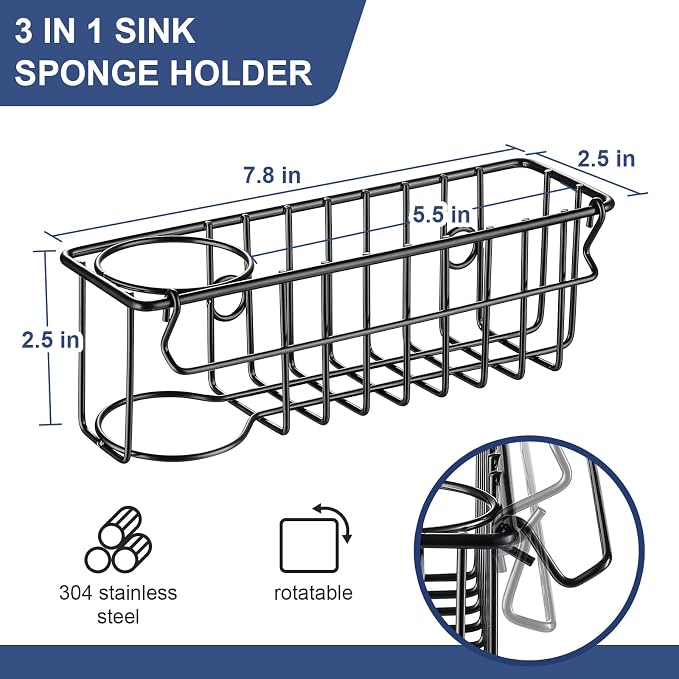 3-In-1 Sponge Holder for Kitchen Sink, 2 Type Suspension Options (Suction Cups & Adhesive Hook), Hanging Sink Caddy Organizer Rack - Sponge, Dish Cloth, Brush, Scrubber, 304 Stainless Steel - Black - Image 3