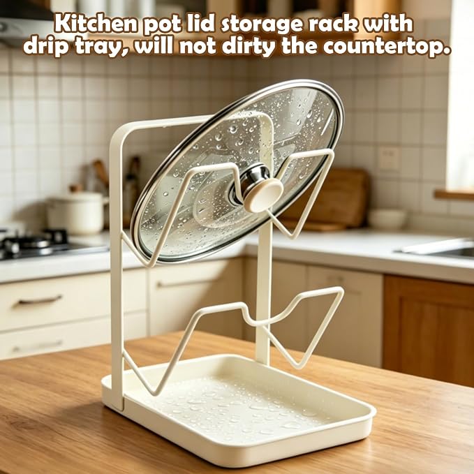 BEEFLYING Pot Lid Holder Organizer for Countertop with Tray, Almond | Holds 2 Pot Lids, 7.17*5.39*8.86In, Carbon Steel for Cooking Stove Top Kitchen Counter Cabinet Blanched - Image 4