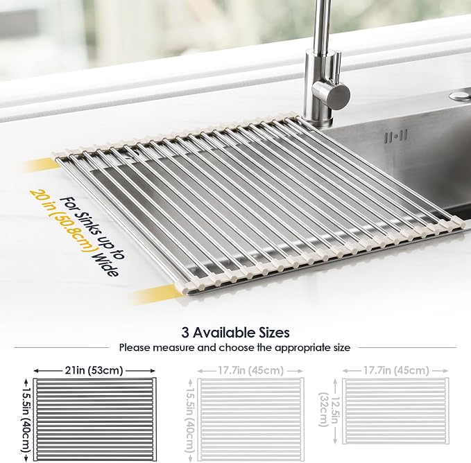Tomorotec Roll Up Dish Drying Rack Over Sink, 304 Steel, 21x15.5, White | Anti-Slip Silicone Rims For Grip, Heat-Resistant Trivet Mat Holding Heavy Cookware, Rustproof Kitchen Counter Space Saver - Image 4