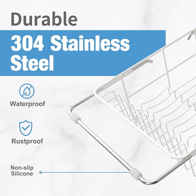 JASIWAY White Dish Drying Rack in Sink with Drainboard and Utensil Holder | Use Over the Sink or Counter, Stainless Steel Expandable Dish Drainer for Small Kitchen, Space Saving, Fast Drain, Rustproof - Image 6