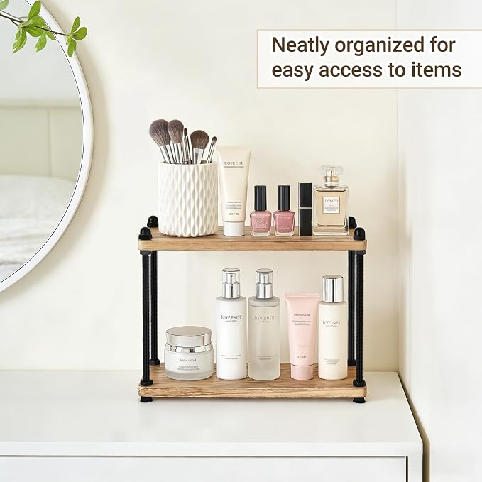 Mkono Bathroom Counter Organizer, 2 Tier Rustic Wood Countertop Sink Shelf | Light Brown, Skincare Makeup Spices Mugs Perfume Holder, Vanity Bedroom Kitchen Coffee Bar Office Storage Decor, Space-Saving - Image 4