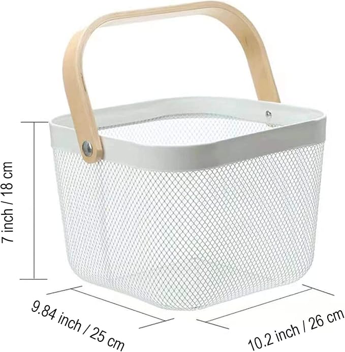AJIODA Metal Mesh Steel Basket, Storage Organizer Basket Multi-functional Hanging Kitchen Baskets Fruit Basket Bin with Bamboo Handle for Kitchen Bathroom Picnic Shopping Decor Cabinet Home, White - Image 4