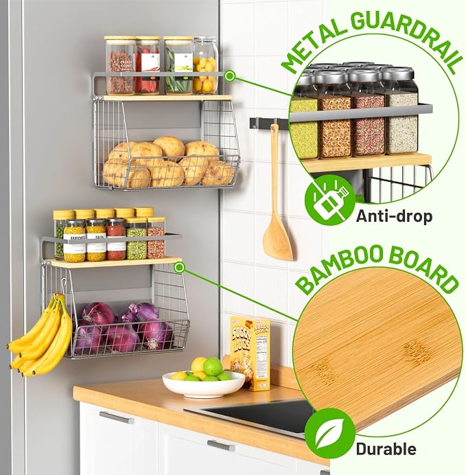 Magnetic Fridge Shelf with Wood Lid, Fruit Potato Onion Storage Bins, Pantry Organizers, Large Container Spice Rack for Refrigerator, Kitchen Counter, Cabinet (1, Silver) - Image 2