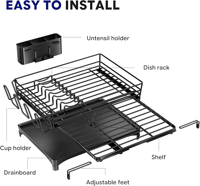 Simple Trending Dish Drying Rack - Expandable Dish Rack for Kitchen Counter, Large Capacity Dish Drainer, Stainless Steel Dish Strainer with Utensil & Cup Holders, Black - Image 9
