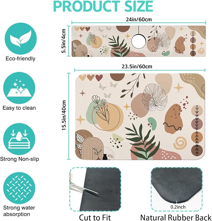 Dish Drying Mat for Kitchen Counter Matt, 2PCS 23"x15" Dish Drainer Mat & 24"x5.5" Sink Splash Guard, Super Absorbent Non-slip Rubber Backed - Image 2