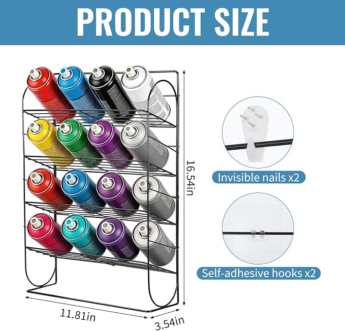 Spray Can Holder Storage Rack Wall Mounted, Metal Spray Paint Rack Organizer for Garage, Aerosol Can and Paint Bottle Storage Rack, Holds 16 Cans, Workshop and Craft Room Organizer - Image 2