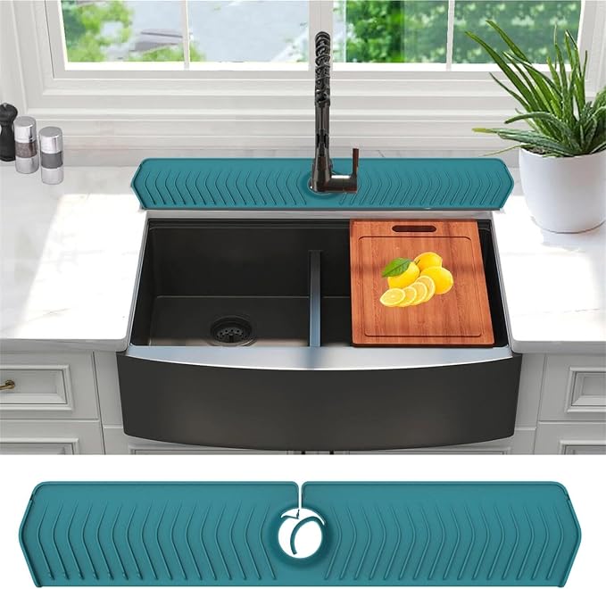 Large Size Kitchen Sink Splash Guard, 30"Silicone Faucet Handle Drip Catcher Tray Mat for for Kitchen Countertop, Bathroom, Farmhouse Countertop, Bathroom, Farmhouse (Green, 30" x 5.7") by EORROE