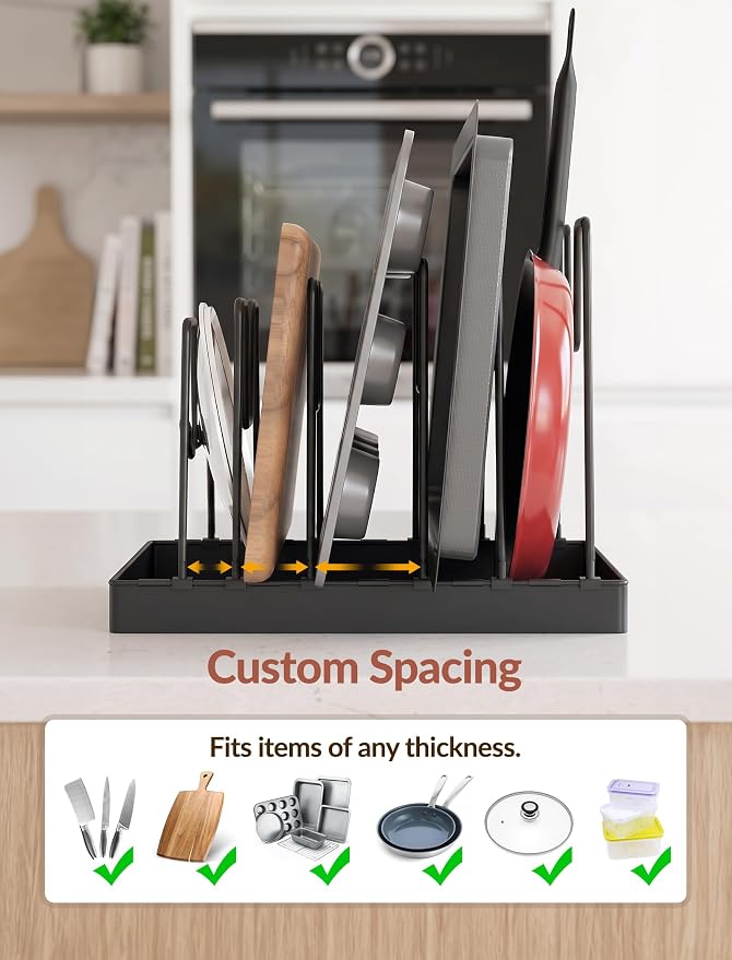 NiHome Cutting Board Holder & Pot Lid Organizer Rack for Pan, Black, 1PC | Adjustable 6 Iron Dividers For Cutting Boards, Pot Lids & Baking Sheets, Non-Slip Silicone Base For Stable Countertop Storage - Image 2