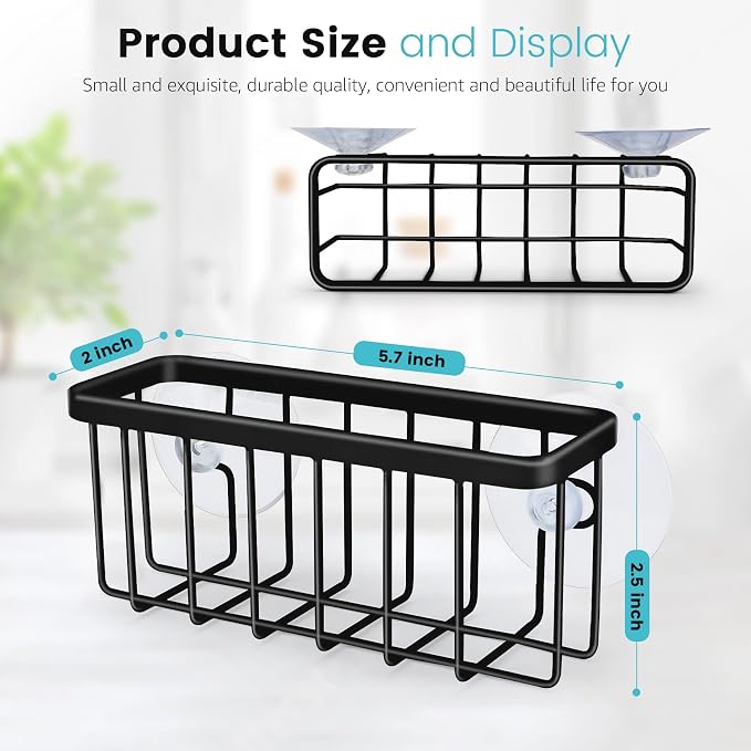 HLOOL Kitchen Sink Sponge Holder, Kitchen Sink Caddy, Sponge Holder for Kitchen Sink Suction, Dish Soap Holder (Black) - Image 2