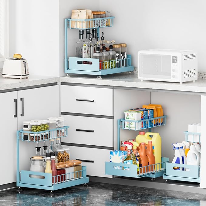 L-Shaped Under Sink Organizer, 2-Tier Pull-out Cabinet Rack 1-Pack | Teal Height-Adjustable Steel Rack, Sliding Grid Drawers with PP Liners, Holds 100 Lbs, Suction Base, Ideal Kitchen Storage - Image 3