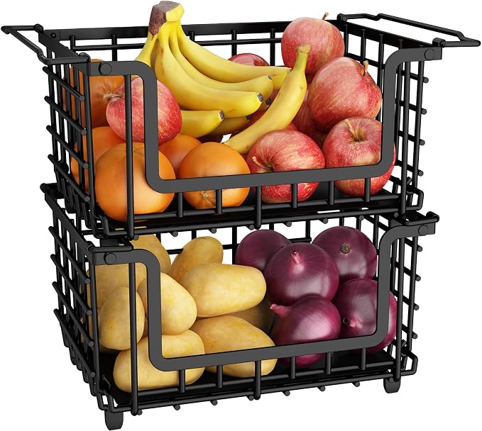 2 Pack Stackable Metal Wire Vegetable Fruit Basket for Kitchen Counter Cabinet, Pantry Organizers and Storage Basket, Food Can Snack Onion Potato Bread Storage Shelf Freezer Organizer Bins Containers - Image 9