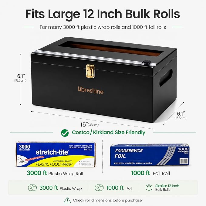 Libreshine 12-Inch Bamboo Plastic Wrap Dispenser with Cutter, Black | Fits many large 3000 ft plastic wrap and 1000 ft foil rolls, including Kirkland rolls sold at Costco - Image 3