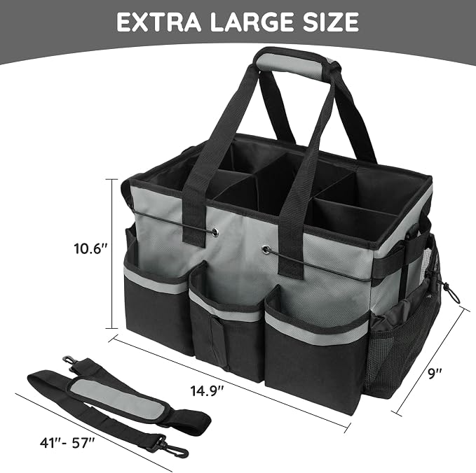 ZKOO Large Cleaning Caddy Bag with Handle, Built-in Sturdy Support Board, Adjustable Shoulder Strap, Multi-compartment Design Cleaning Supply Tote for Cleaners & Housekeepers (Gray) - Image 4