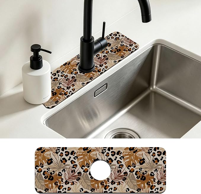 Kitchen Faucet Mat Brown Tropical Palm Leaf Sink Splash Guard Behind Faucet Draining Mat Kitchen Accessories Non-slip Easy to Clean for Bathroom & Kitchen 15"X5.5" by Unknown