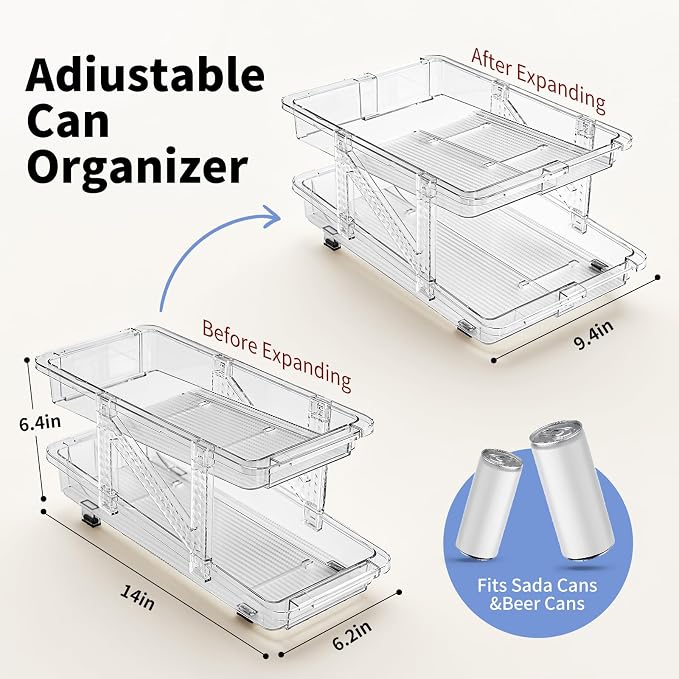 Jsyrjing Drink Organizer for Fridge, Adjustable Soda Can Dispenser 2 Pack | Clear Soda Can Organizer Fits Water Bottles, Beer and Beverage Cans, Can Holder for Fridge, Pantry and Cabinet Storage - Image 3