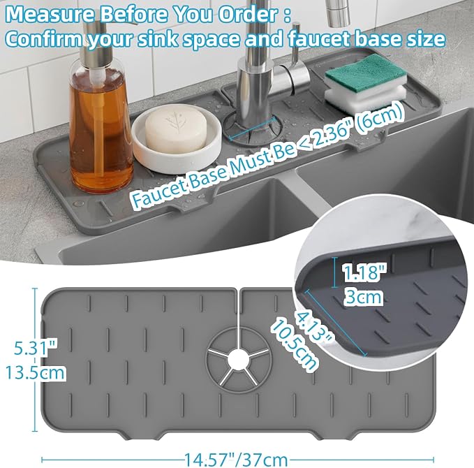 Silicone Faucet Handle Drip Catcher Drying Tray Mat Dish Soap Sponge Holder Accessories Gadgets for Kitchen Counter Bathroom Kitchen Sink Splash Guard (Gray, 14.56") - Image 3