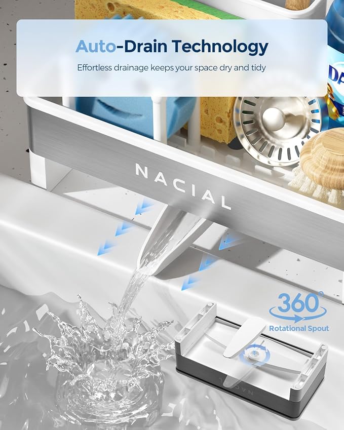 Nacial Kitchen Sink Organizer, Sink Caddy with Sponge & Tall Brush Holder | 304 Stainless Steel Kitchen Countertop Organizer with Double-Bar Towel Holder, Stores Sponge, Brush, Towel & Sink Essentials - Image 3