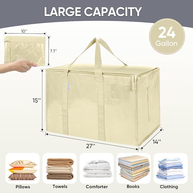 TICONN 4 Pack Extra Large Moving Bags Heavy Duty with Zippers & Carrying Handles, Durable Storage Bags Moving Boxes for Closet Organizers and Storage (4 Pack, Cream) - Image 5