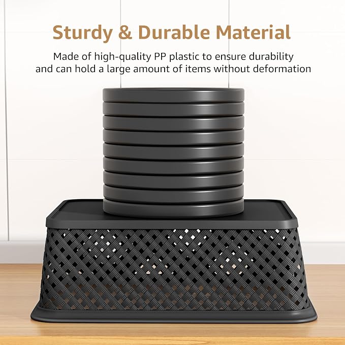 MaxGear 3 Pack Plastic Storage Baskets, Large, Black | Durable Woven Plastic with Built-In Handles, Suitable for Shelves, Closets, Cabinets, Bathrooms and Offices - Image 4