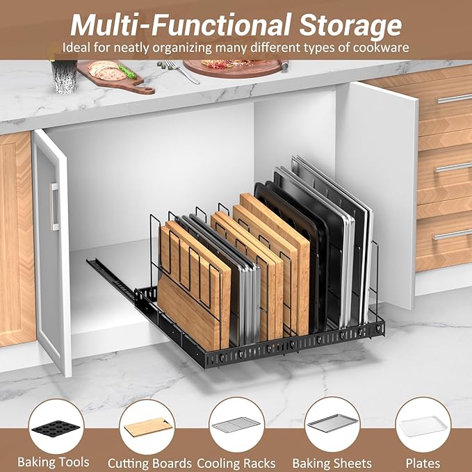 Housolution Pull Out Baking Tray and Cookie Sheet Cutting Board Organizer | 13"-22" Expandable, 21.5" Deep, 8 Adjustable Dividers, Sliding Rail Design, Sturdy Metal Structure, Adhesive/Screw Fixing - Image 2