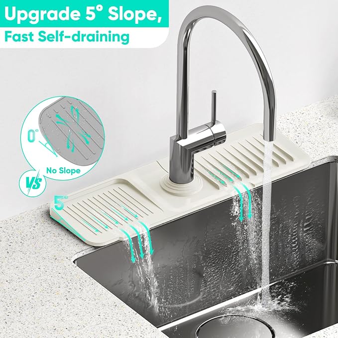 17.7inch Faucet Mat for Kitchen Sink [5°Slope Fast Self-draining] Faucet Mat Kitchen Sink Splash Guard Silicone Sink Splash Guard Kitchen Sink Area Tidy Splash Faucet Guard Draining Mat-Beige - Image 2