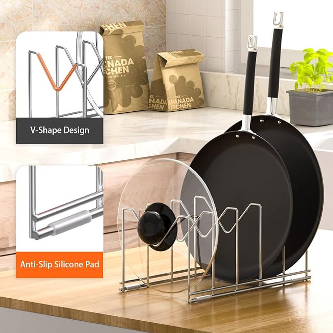 HzTinT 3 Pack Pot Lid Organizer, Holds 15 Lids, Plate & Cutting Board Rack | with Stainless Steel Build and Anti-Slip Pads, Lid Organizer for Cabinets, Drawers and Countertops, Silver - Image 2