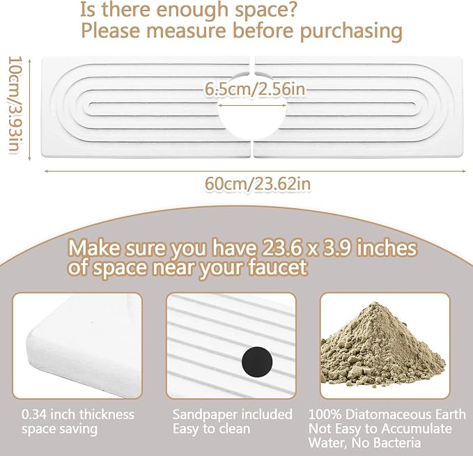 Jiozermi 23.6" Diatomite Faucet Mat for Kitchen Sink, White | Diatomite Stone Sink Tray, Faucet Sink Splash Guard, Absorbent Mat, For Kitchen Bathroom Faucet Sink, 23.6" x 3.9" - Image 2