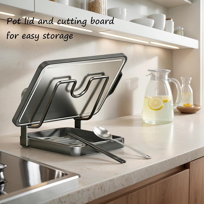Kitchen Pot Lid Storage Rack, Pot Lid Holder While Cooking for Countertop | Stainless Steel Pot Lid Rack, Kitchen Countertop Organizer Removable Drip Tray, Lid Cutting Board Ladle Storage for Stove Top - Image 3