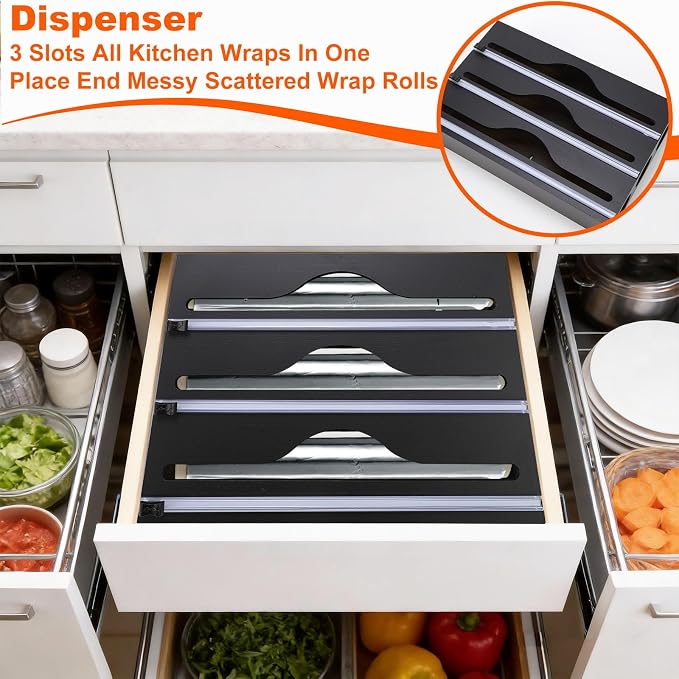 Wrap Dispenser Compatible with Saran, 3 in 1 Cutter Organizer, Black | Three slots hold standard 12-inch rolls, with side loading and wall-mount option to help keep cabinets and counters tidy - Image 4
