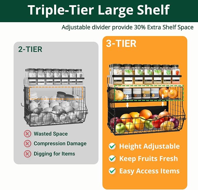 Magnetic Shelf for Fridge with Wood Lid, Fruit Potato and Onion Storage Bins, Kitchen Large Container Magnetic Spice Rack for Refrigerator, Kitchen Counter, Tools, Snack (BLACK, 2 Pack) - Image 3