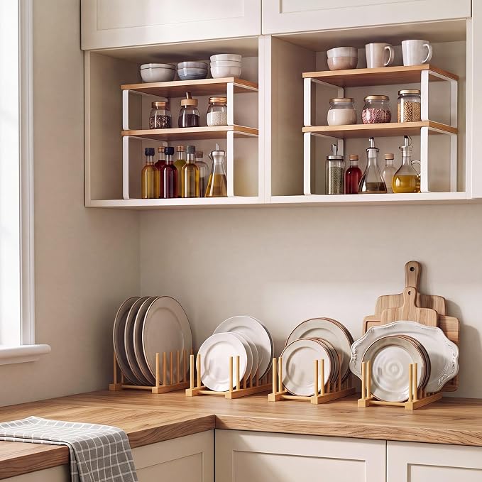8 Pcs Kitchen Organizer Accessories Set Stackable Cabinet Organizer Shelf and Bamboo Plate Holder Dish Rack for Plates Bowls Pot Lids Cups Glasses Cutting Boards Countertop Storage (White) - Image 5