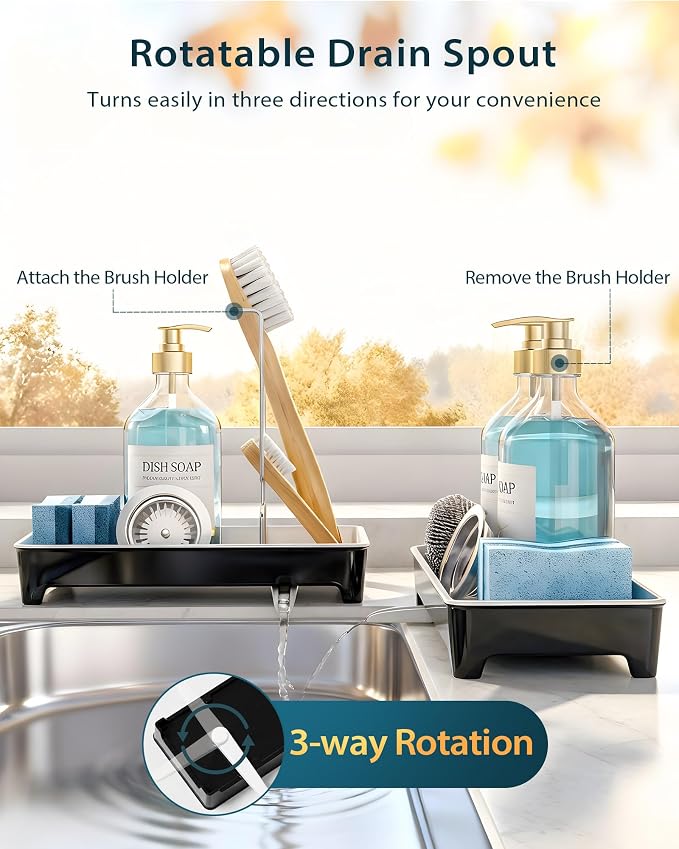 Minimalist Sink Caddy, Rustproof Sponge Holder for Kitchen Sink Black | Large Rustproof countertop organizer with 304 stainless steel brush holder, raised ridges and silicone drain tube - Image 5
